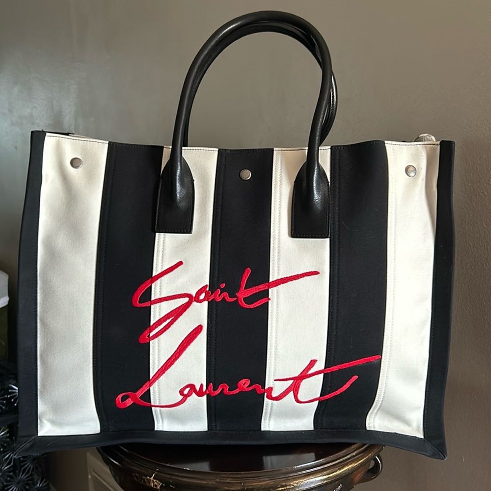 Saint Laurent Noe Striped Canvas Tote